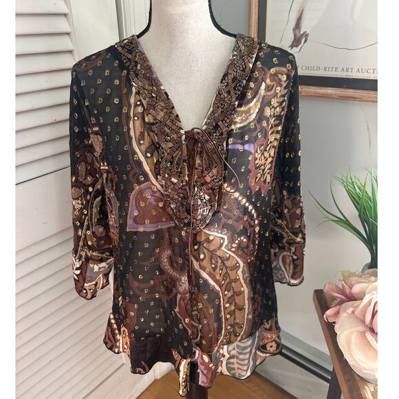 HALE BOB Womens Tunic Brown Chiffon Beaded Metallic Bohemian Artsy Festival | S - Picture 2 of 11